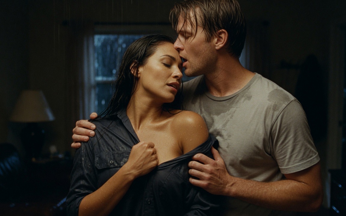 A woman with long wet dark hair and olive skin stands with her back to a man, her dark work shirt open and slipping off one bare shoulder, her fist gripping the fabric at her chest; a broad-shouldered man in a damp grey t-shirt holds her shoulder and leans his mouth to her forehead, eyes closed, in a dim room with a rain-streaked window and an unlit lamp behind them.
