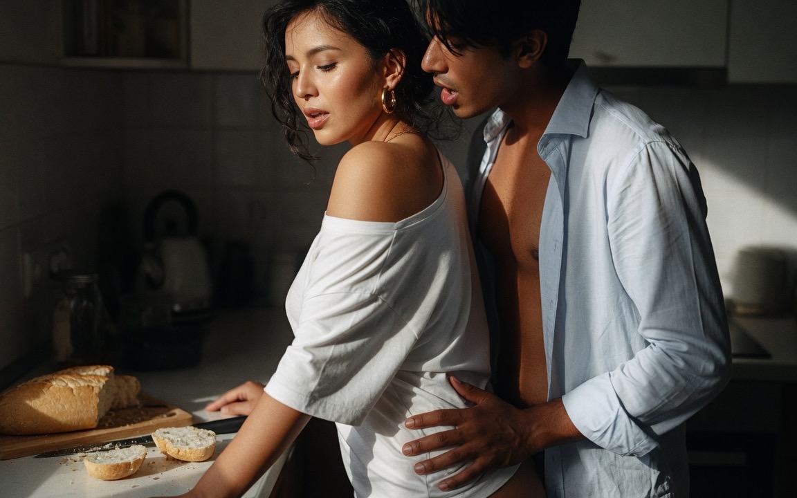 A woman in an oversized white t-shirt worn off one shoulder, wearing one gold hoop earring, standing at a sunlit kitchen counter with a cut loaf and a knife on a board, a man in an open shirt close behind her with his hand at her hip and his mouth near her ear.