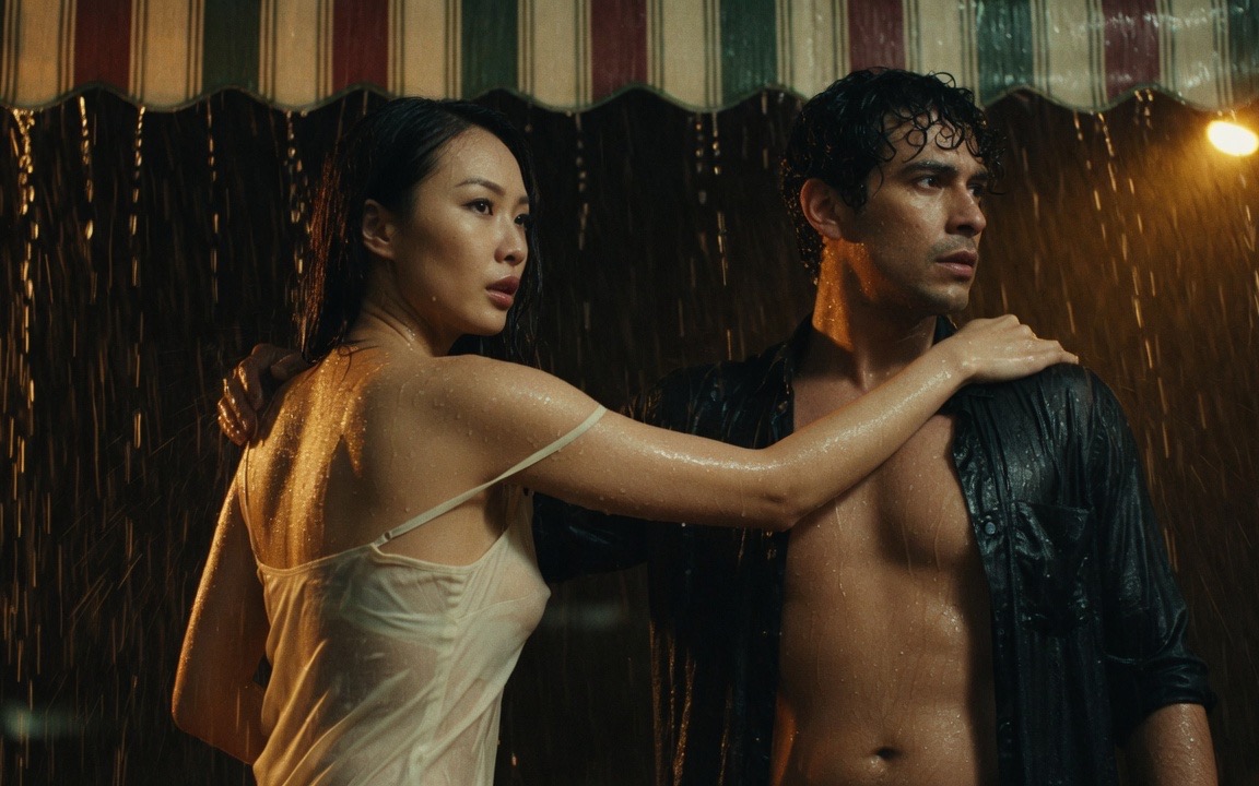 A woman in a soaked pale slip dress with one strap fallen and a man in a soaked open dark shirt sheltering under a striped awning in heavy rain at night, each with a hand on the other's shoulder, both looking out at the downpour, an amber streetlight behind them.