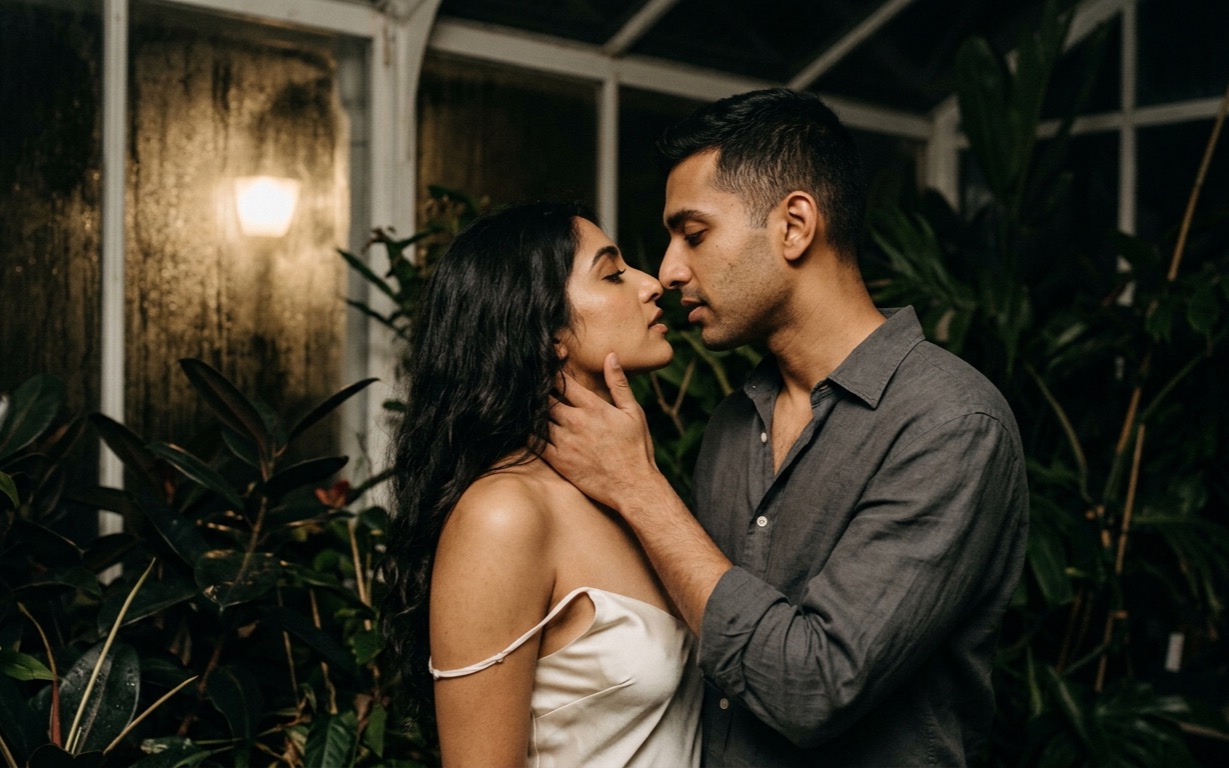 Two adults face to face in a fogged night glasshouse: a South Asian woman with long dark hair in a thin-strapped ivory slip baring one shoulder, her face tipped up, as a South Asian man in an open-collared grey shirt cups her jaw, dark leaves and a warm lamp glowing through condensation-streaked glass behind them.