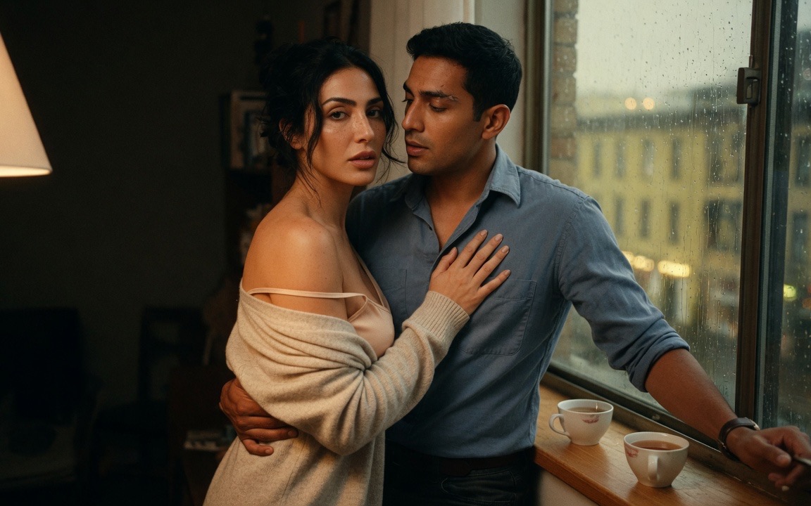 A woman in an oversized cardigan fallen off both shoulders over a slip, standing close against a man in a rolled-sleeve shirt at a half-open window, her hand flat on his chest and his arm around her back, two cups of tea on the sill, rain running down the glass and a foggy yellow street beyond.