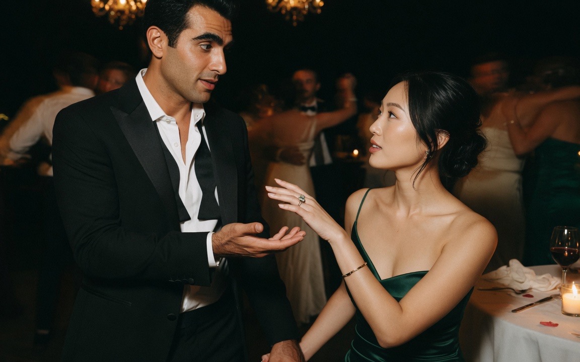 A man in black tie standing with his open hand held out, and a woman in a dark green evening dress with her hair pinned up seated at a table looking up at him, her hand lifted but not yet in his, chandeliers above and blurred dancing guests behind, a candle and a wine glass on the linen.