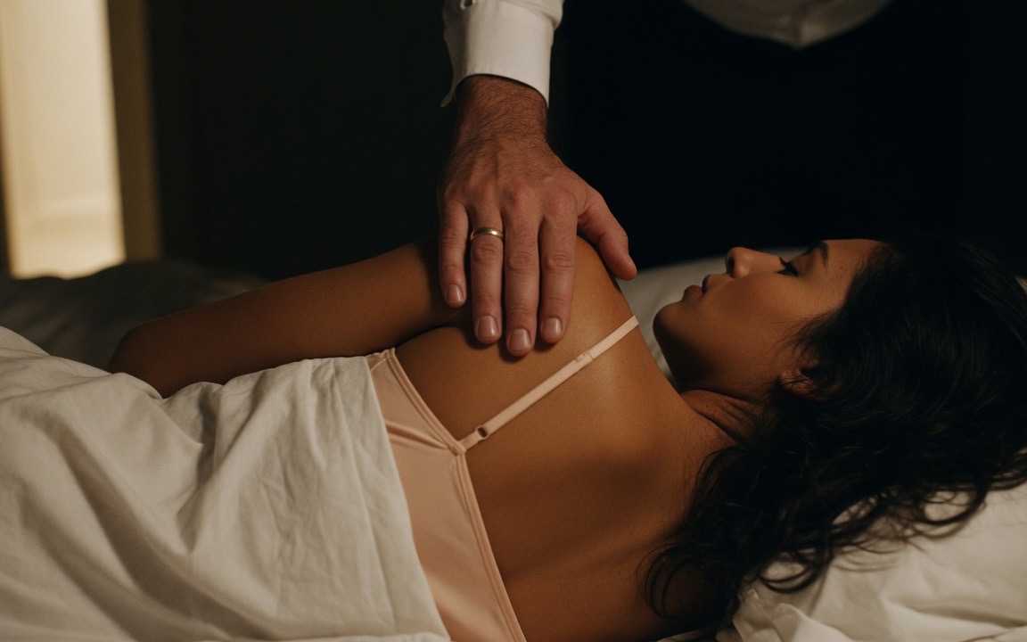 A woman lying on her side in a dark bedroom in a pale camisole with a white sheet drawn across her, a man's hand wearing a plain gold wedding ring resting at the curve of her bare shoulder, only his hand and shirt cuff in frame, warm light from a doorway.