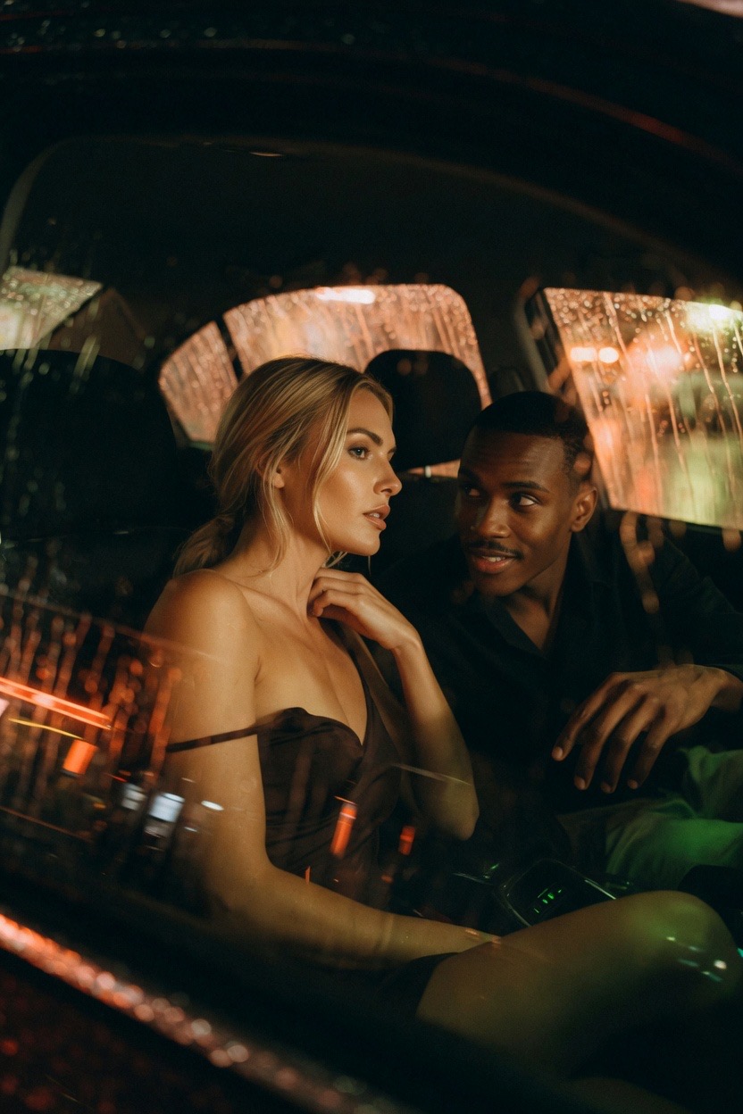 Seen through rain-streaked glass, a woman with honey-blonde hair in a strapless dark dress sits in the passenger seat of a car at night while the man driving turns to look at her, orange city light running down the windows.