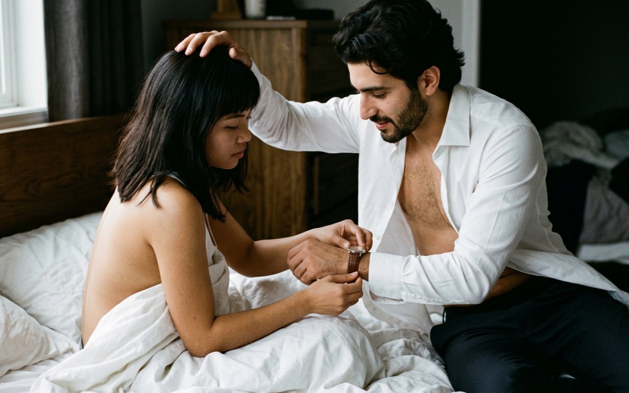 A dark-haired woman with a blunt fringe sits in white bedsheets, her bare back and shoulder to the camera, holding the wrist of a bearded man seated beside her on the edge of the bed in an open white dress shirt as she buckles his brown leather watch strap, his other hand resting on top of her head, soft grey daylight falling through a window behind them.
