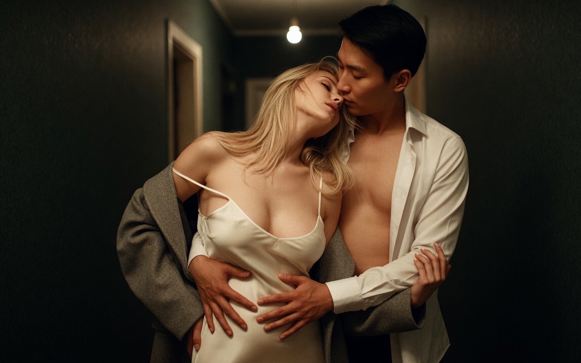 A blonde woman in an ivory silk slip with a grey wool coat slipping off her shoulders, leaning back against a dark-haired man in an unbuttoned white shirt in a dim hallway, his arms around her from behind and his palms flat on her stomach, his mouth at her cheek, a single bare bulb lit behind them.